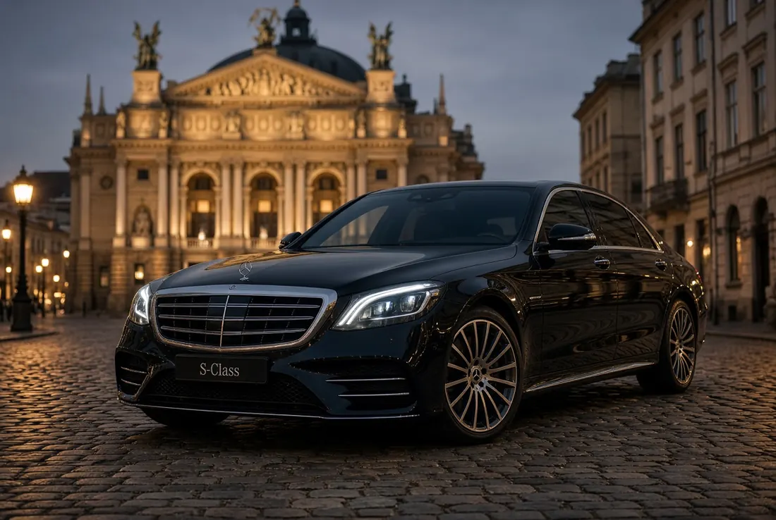 Чорний Mercedes-Benz S-Class увечері біля Львівського оперного театру